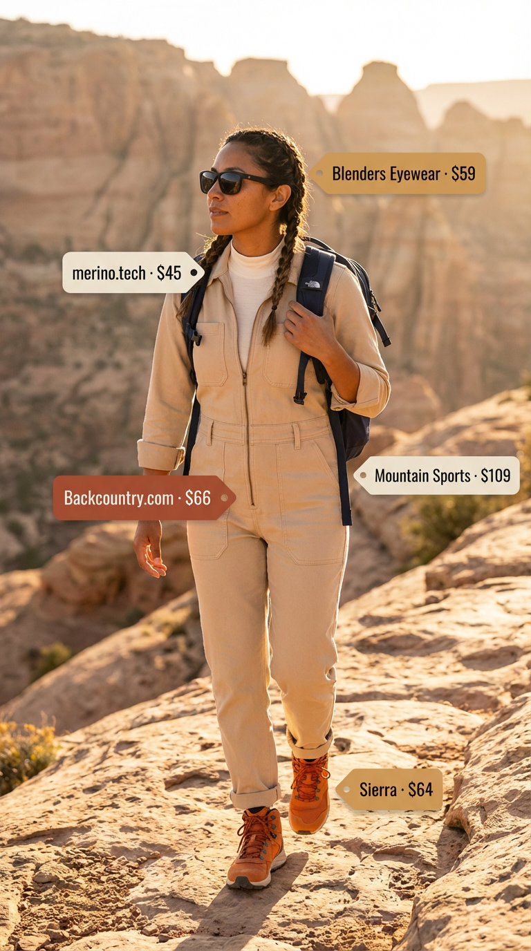 A tough Summer hiking outfit for women2026, featuring a sand utility jumpsuit, terracotta high-top hiking boots, a navy large capacity backpack, and a white merino wool base layer, ready for desert canyons.