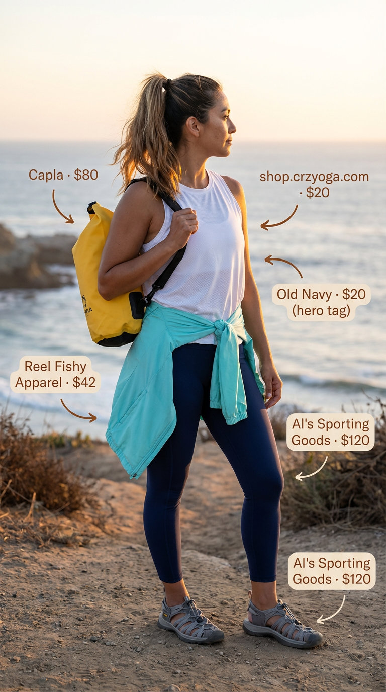 A dynamic Summer hiking outfit for women2026, featuring navy blue leggings, a white tank top, aqua windbreaker, and grey hybrid sandals, perfect for a coastal path or beach walk.
