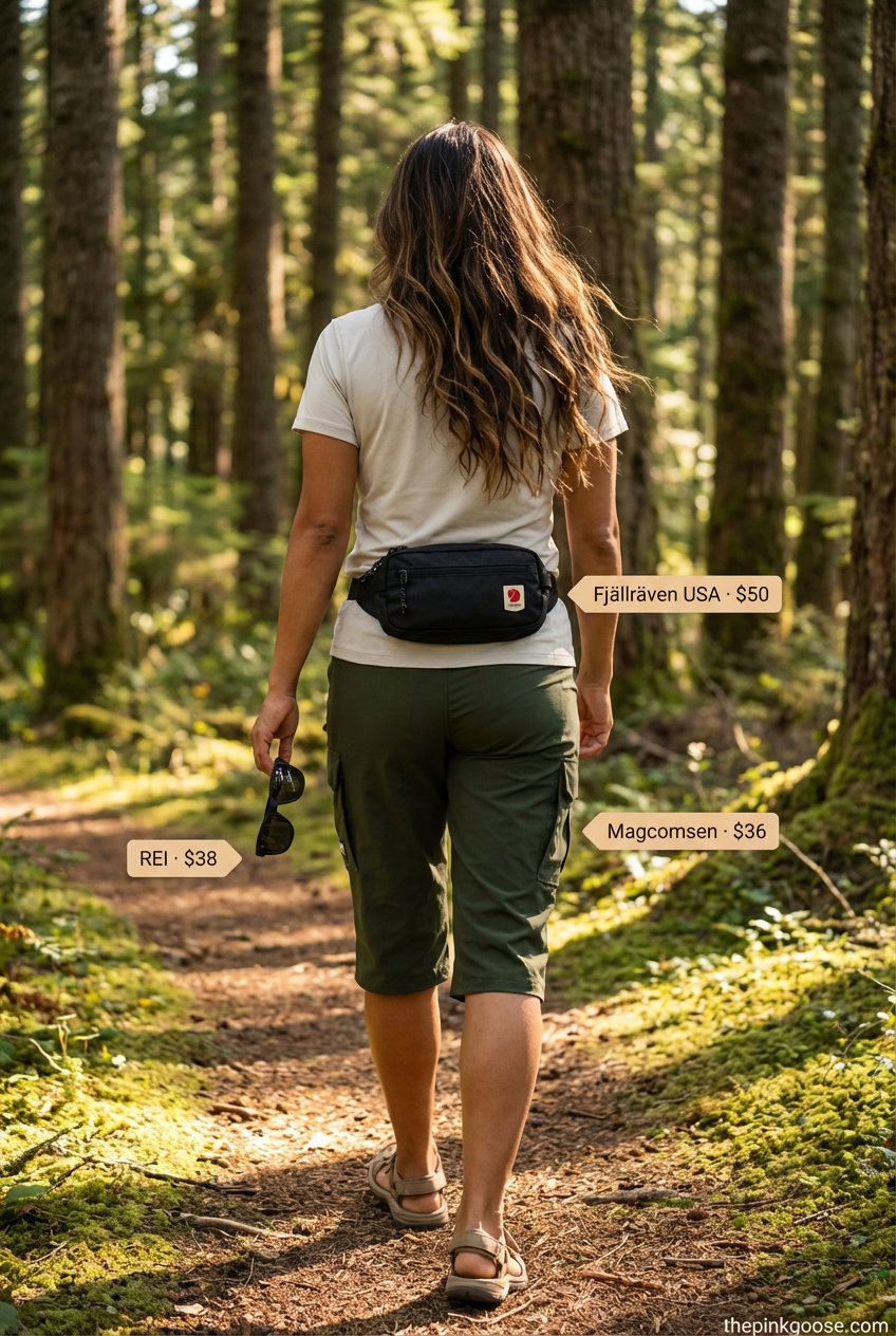 A resilient Summer hiking outfit for women2026, with forest green quick-dry shorts, a stone UPF long-sleeve shirt, tan trail running shoes, and a black hip pack, ideal for a warm forest trek.