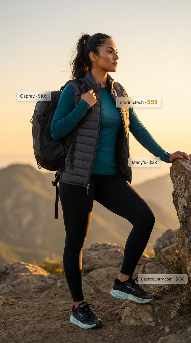 A determined Summer hiking outfit for women2026, with black stretch hiking pants, a teal merino wool long-sleeve top, heather grey insulated vest, and waterproof trail running shoes, ideal for a cool morning ascent.