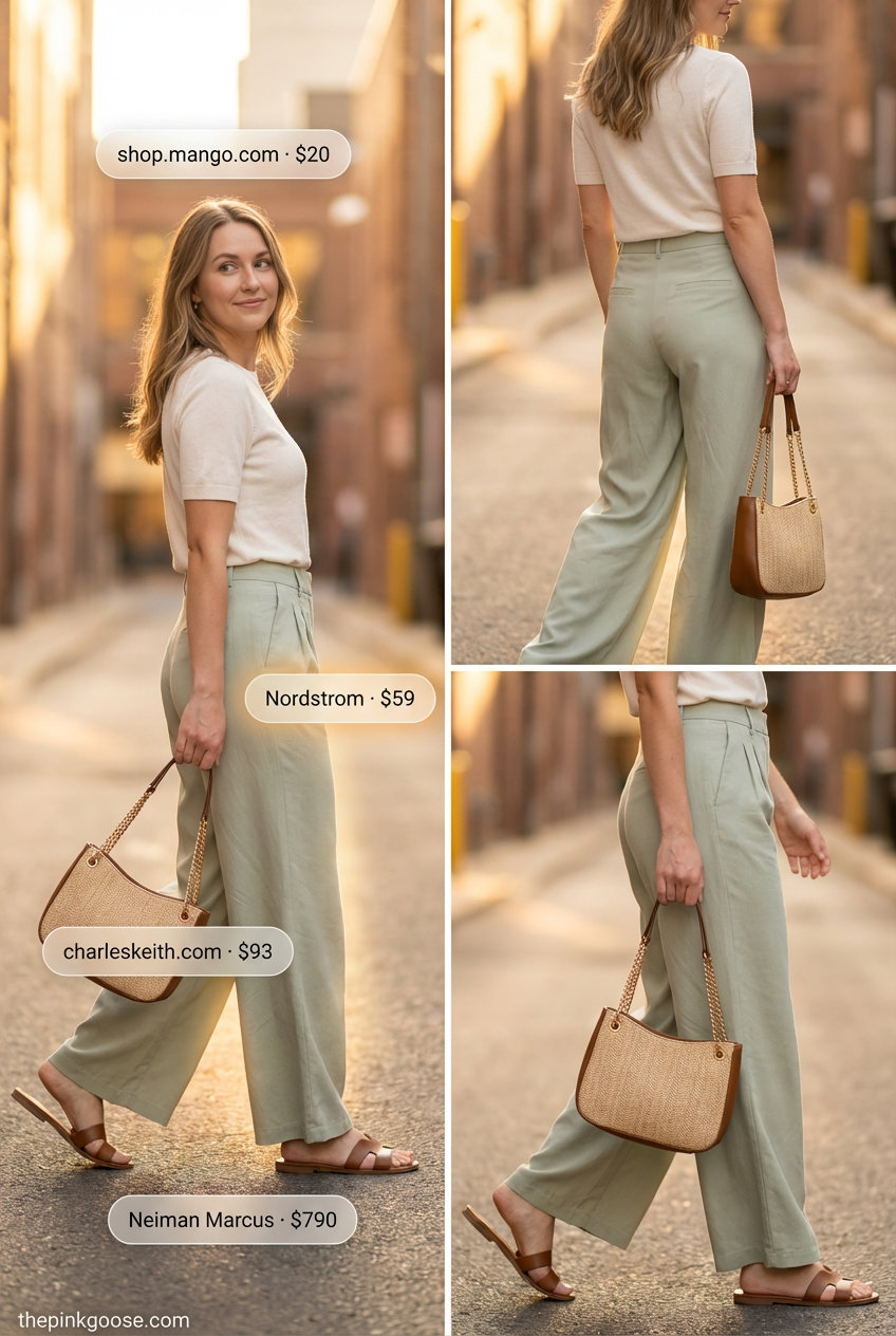 Relaxed summer outfit inspo 2026 for a coastal evening, featuring soft sage green wide-leg trousers, a cream knit sleeveless top, woven leather slide sandals, and a rattan shoulder bag.