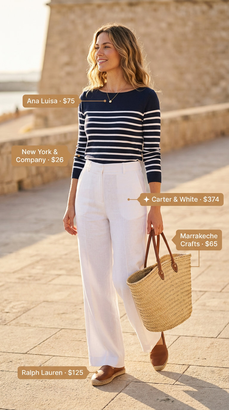 Sophisticated white linen wide-leg trousers, a striped boat neck top, tan espadrille flats, and a straw tote for coastal grandmother summer outfit inspo 2026.