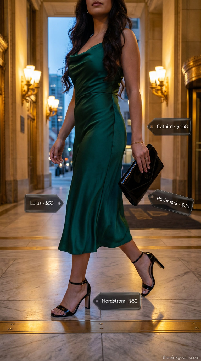 Glamorous emerald green satin slip midi dress with black minimalist stiletto sandals, a structured clutch, and a gold chain bracelet for summer outfit inspo 2026.