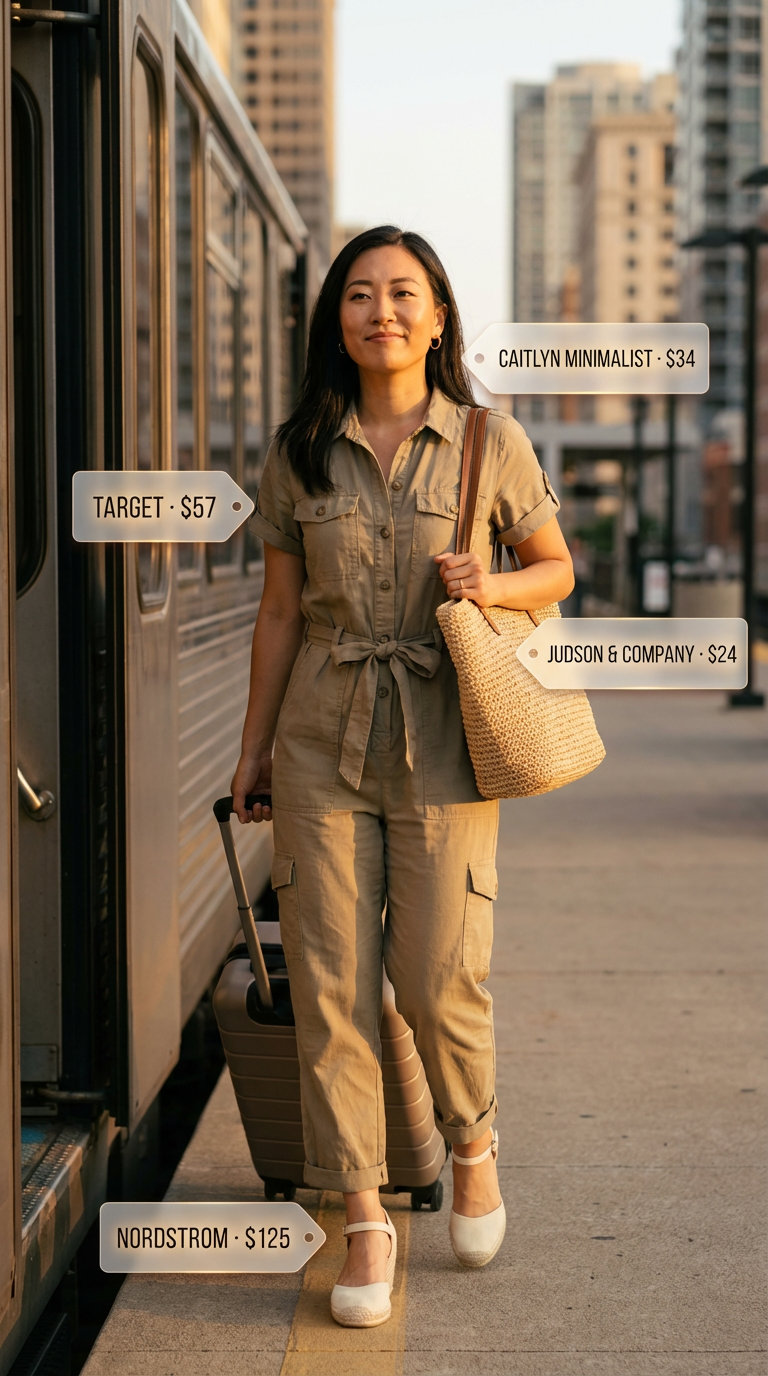 Chic khaki utility jumpsuit with beige espadrille sandals, a woven tote bag, and gold hoop earrings for effortless summer outfit inspo 2026.