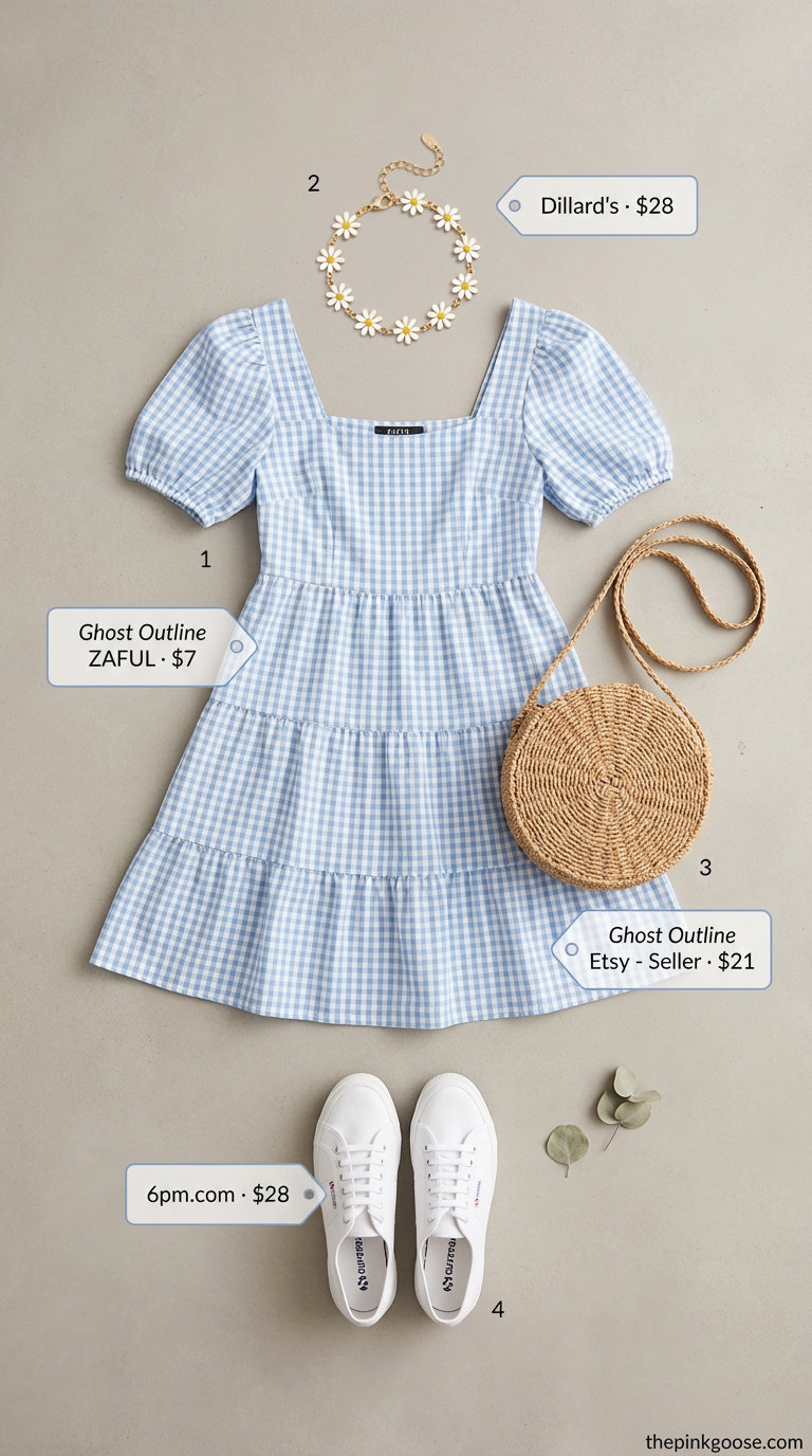 Charming sky blue gingham babydoll mini dress for park picnics, paired with white sneakers and a straw crossbody bag, offering summer outfit inspo 2026.