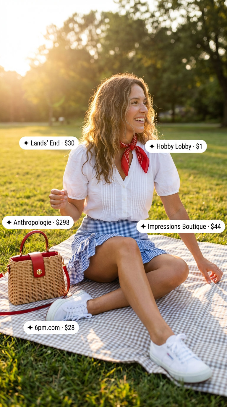 Playful summer outfit inspo 2026 for a picnic, featuring a blue gingham A-line mini skirt, white puff-sleeve top, white canvas sneakers, straw basket bag, and red bandana.