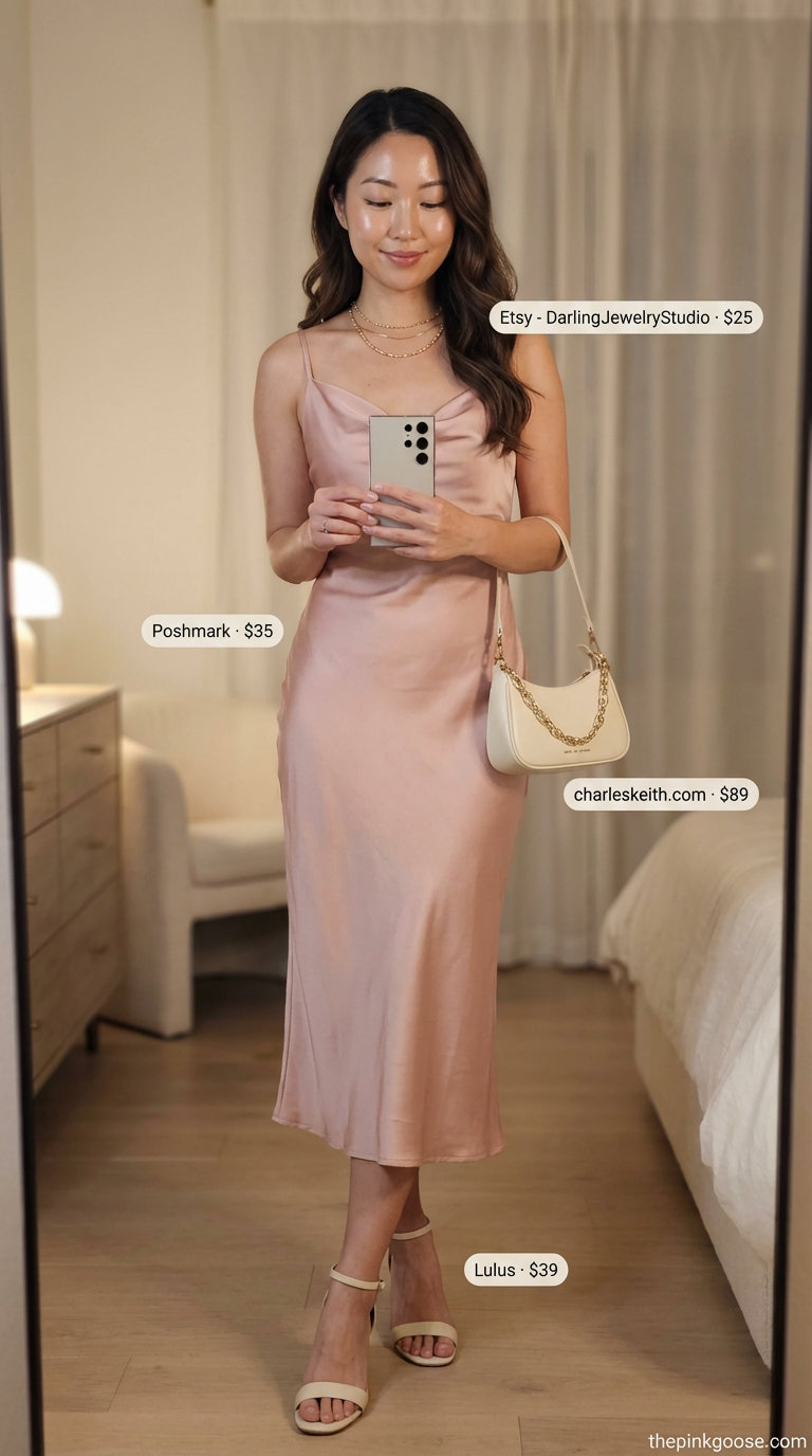 Romantic summer outfit inspo 2026 for a sunset beach dinner, featuring a blush pink satin slip dress, gold kitten heels, layered necklaces, and a cream mini shoulder bag.
