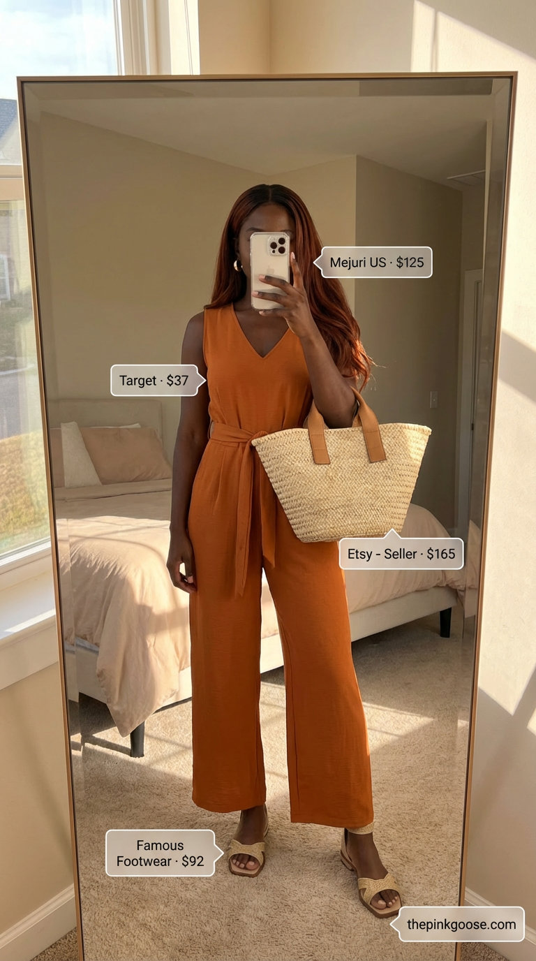 Vibrant Afro-Chic burnt orange linen jumpsuit in a summer brunch outfit for black women 2026, with espadrille sandals, gold hoop earrings, and a large raffia tote.