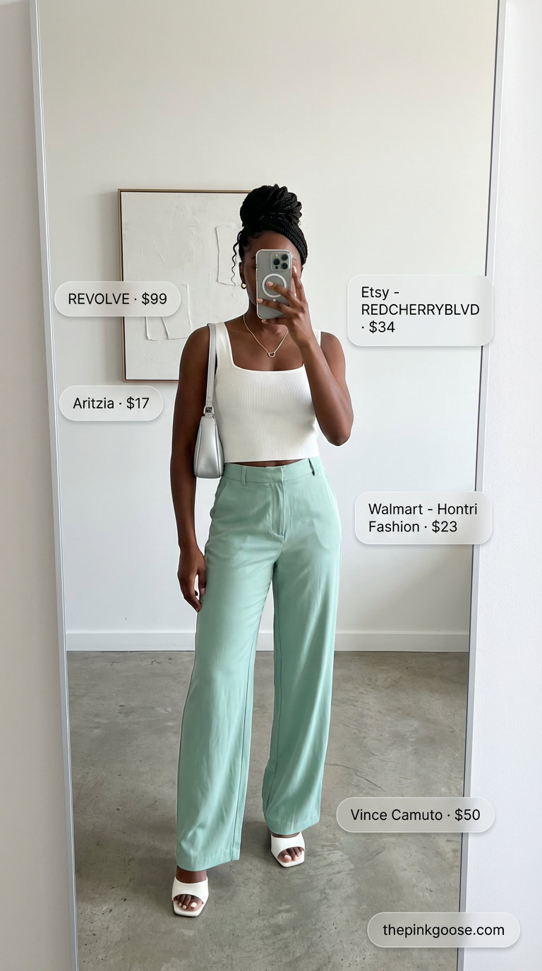 Modern mint green wide-leg trousers in a downtown art walk summer outfit for black women 2026, with a white crop top, block heel mules, and silver jewelry.