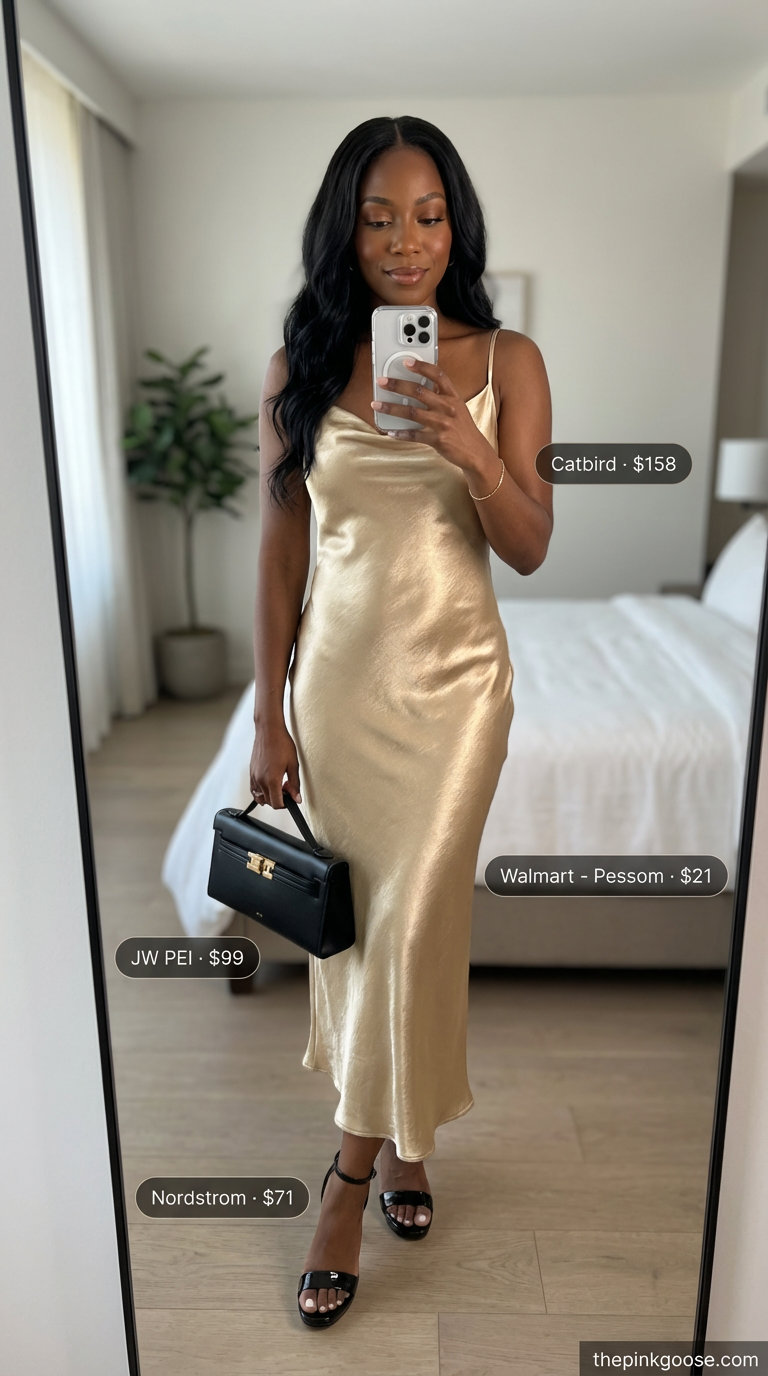 Glamorous gold liquid satin slip dress for a cocktail party summer outfit for black women 2026, paired with black patent heels, a miniature top-handle bag, and gold bracelet.