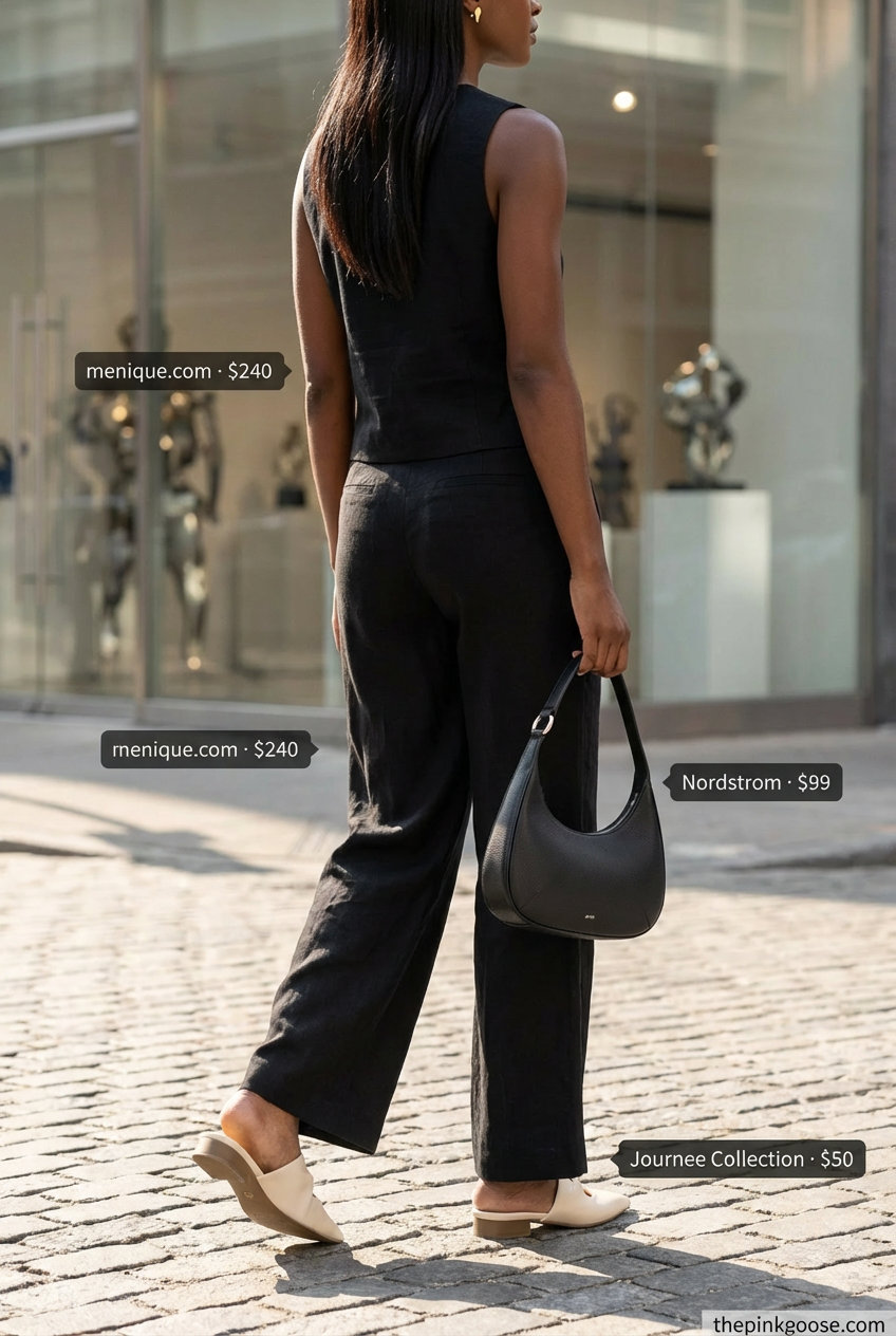 Sophisticated monochrome city stroll outfit for black women 2026 with a black linen blend two-piece set, cream mules, gold earrings, and structured shoulder bag.