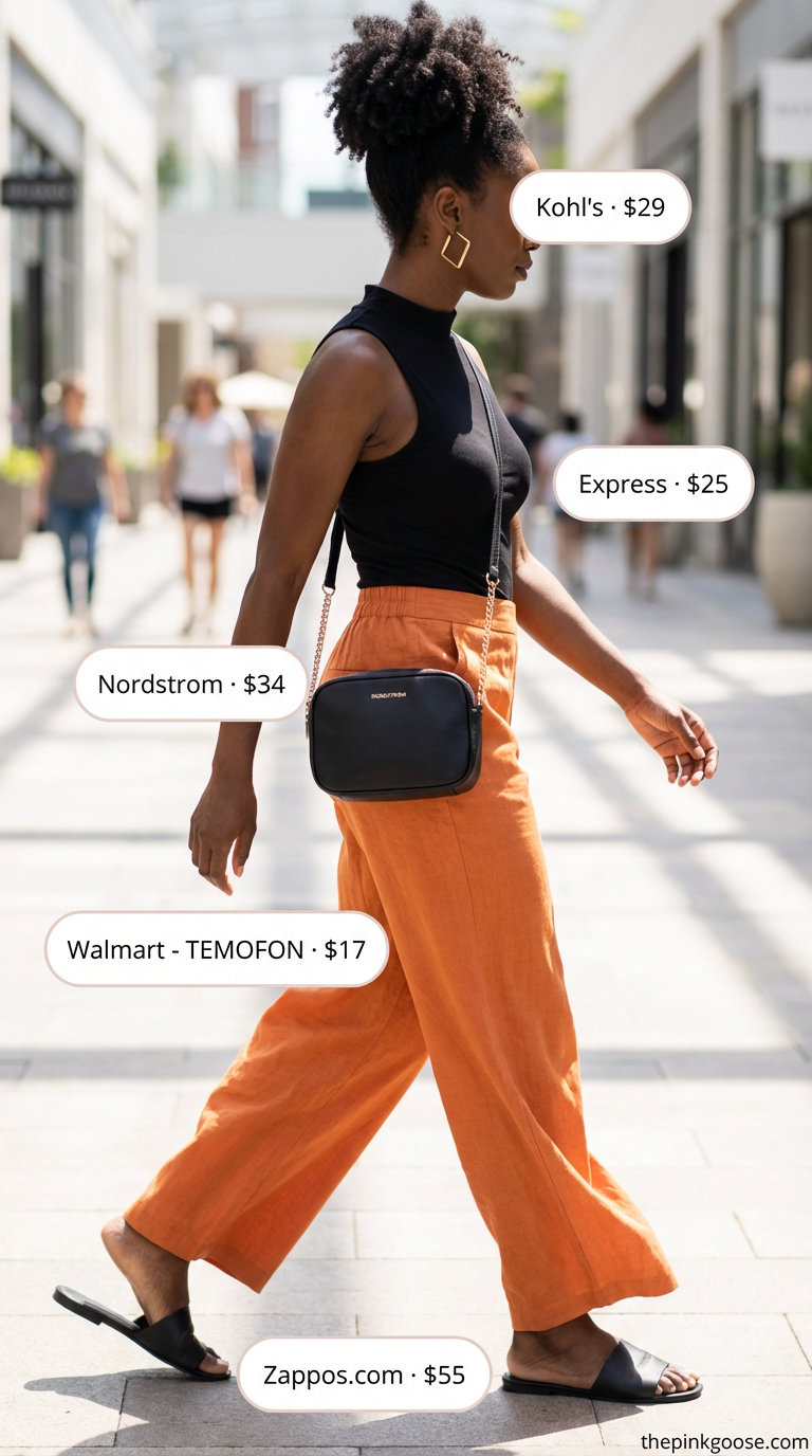 Bold vibrant orange linen pants in a city stroll summer outfit for black women 2026, paired with a black mock neck top, slide sandals, and gold hoop earrings.