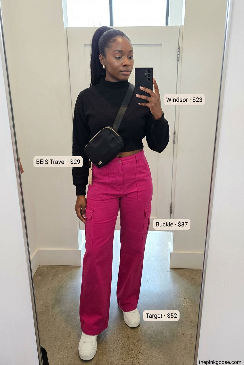 Playful fuchsia utility cargo pants in a vibrant street style summer outfit for black women 2026, paired with a black crop top, chunky sneakers, and a belt bag.