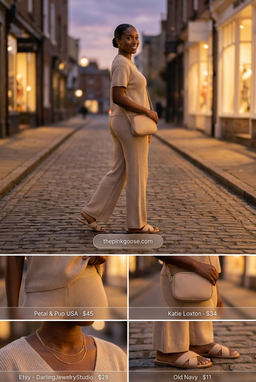 Cozy warm beige ribbed knit tank top and wide-leg pants matching set for summer outfits for black women 2026. Accessorized with gold slide sandals, a beige crossbody bag, and delicate layered gold necklaces, ideal for a casual dinner.