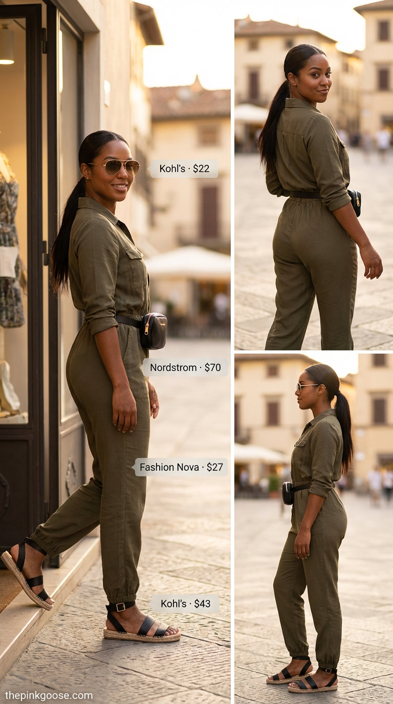 Chic olive green utility jumpsuit for summer outfits for black women 2026. This adventurous look features a cinched waist, black belt bag, flat espadrille sandals, and gold aviator sunglasses, perfect for a day trip or outdoor event.