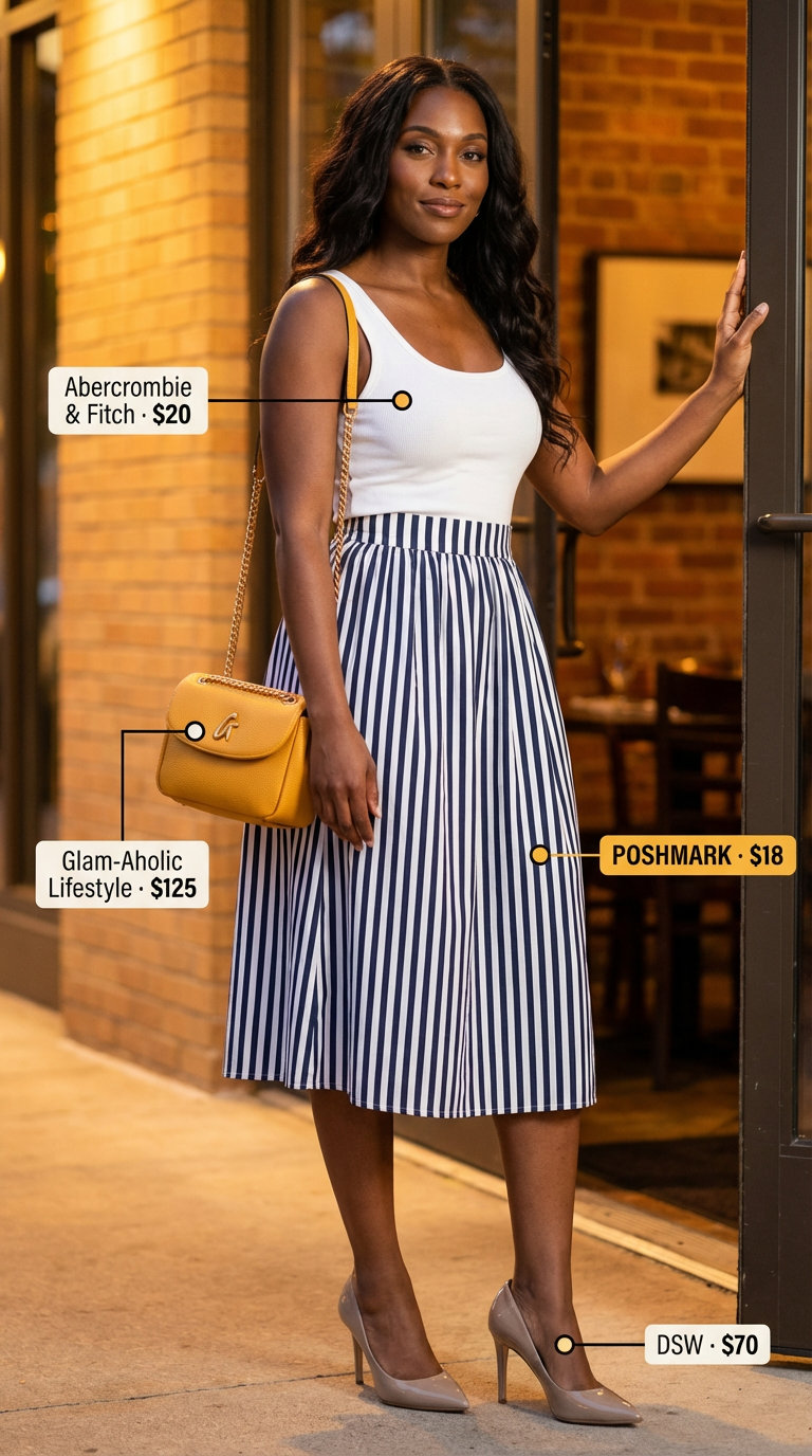 Playful navy and white striped midi skirt with a fitted white knit top for summer outfits for black women 2026. This charming look includes a navy mini shoulder bag and bright yellow heeled sandals, perfect for a summer festival or date.