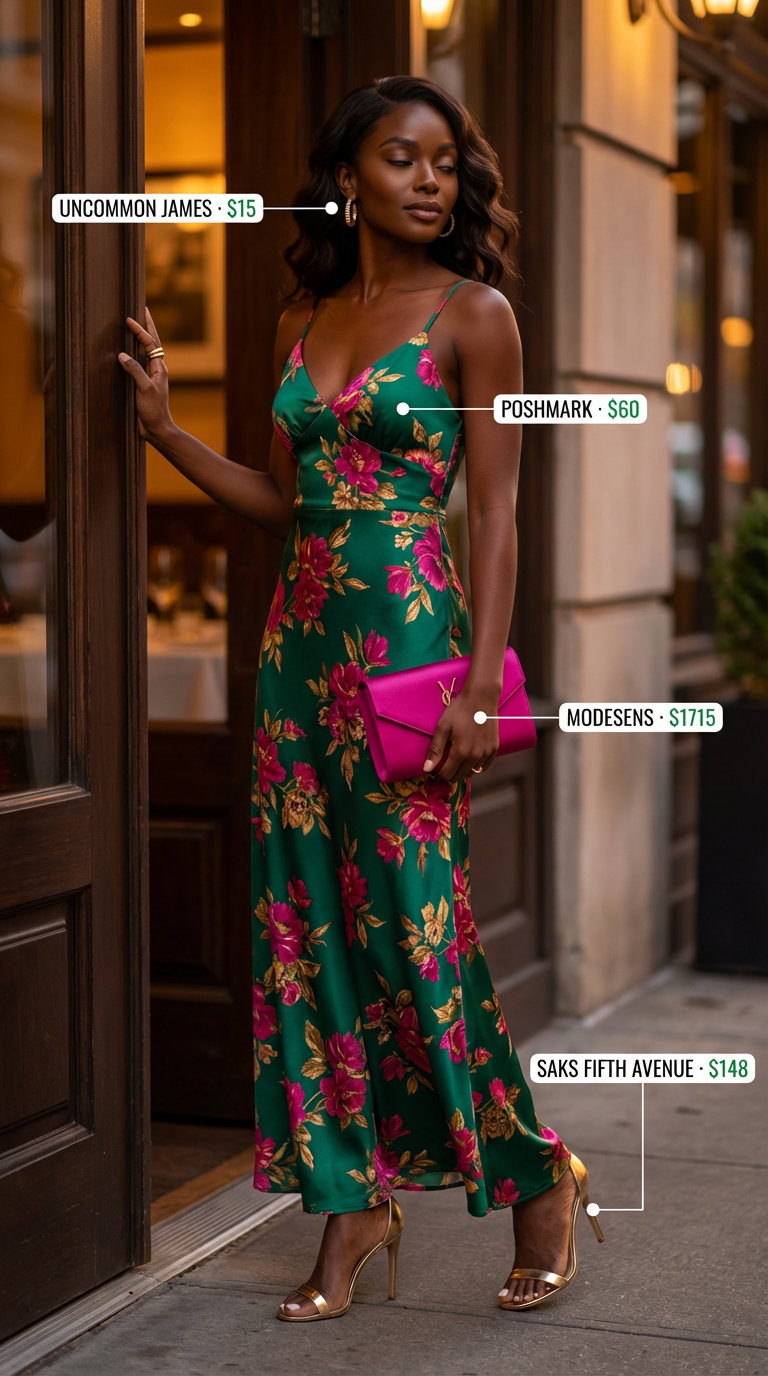 Joyful emerald green tropical print maxi dress for summer outfits for black women 2026. This vibrant vacation look features fuchsia high-heeled sandals, a matching satin clutch, and statement gold hoop earrings, perfect for a summer party.