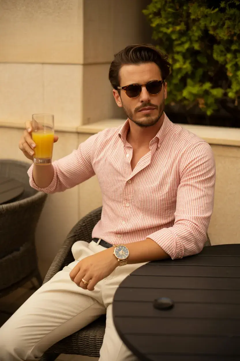 summer outfits fort men 2026 Soft Stripes and Late Brunch Moods