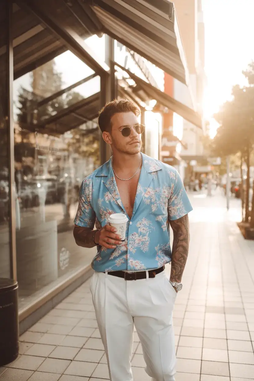 summer outfits fort men 2026 Soft Floral Energy for Warm City Afternoons