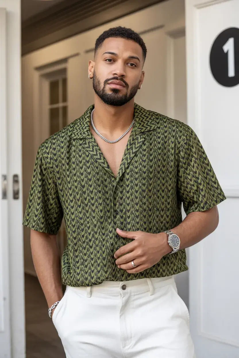 summer outfits fort men 2026 Textured Green Statement with Understated Control