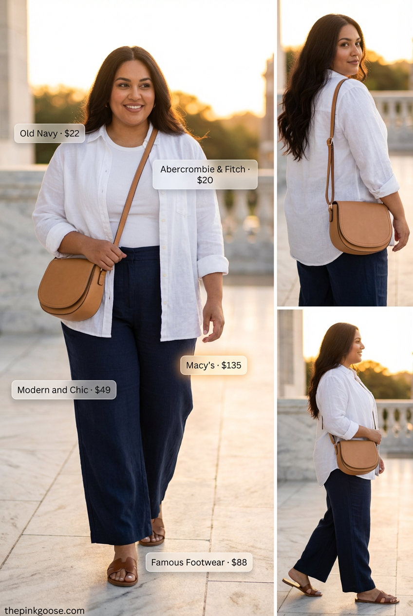 City Chic Explorer: Summer Outfits for Plus Size Women 2026 A sophisticated city explorer outfit featuring high-waisted navy wide-leg linen pants, a fitted white ribbed tank top, an oversized white linen button-down shirt, tan slide sandals, and a structured crossbody bag, a comfortable modern option for summer outfits for plus size women 2026. #23 in article.