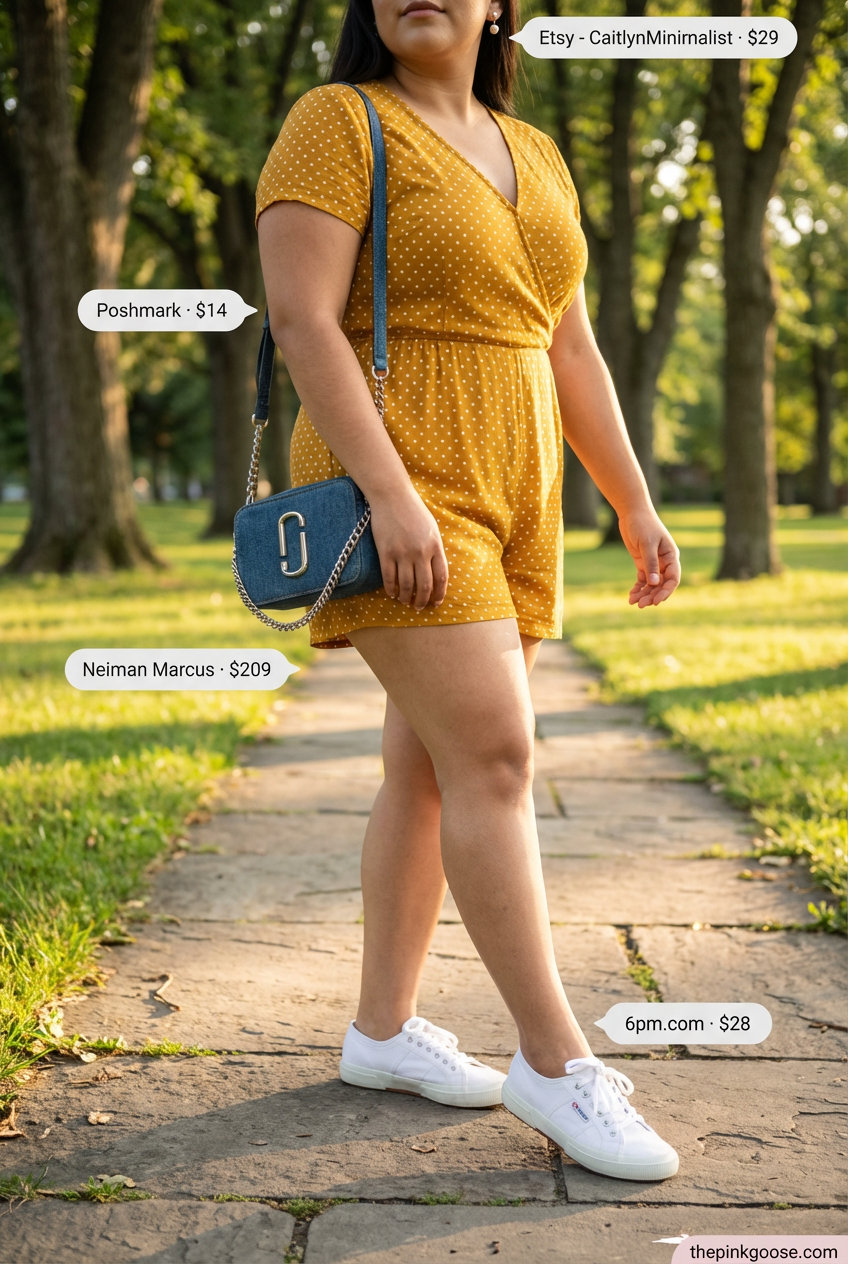 Playful Summer Picnic: Summer Outfits for Plus Size Women 2026 A playful summer picnic outfit featuring a mustard yellow with white polka dots short-sleeve romper with a tie waist, white canvas sneakers, a light wash denim mini crossbody bag, and simple pearl stud earrings, a comfortable and chic option for summer outfits for plus size women 2026. #18 in article.