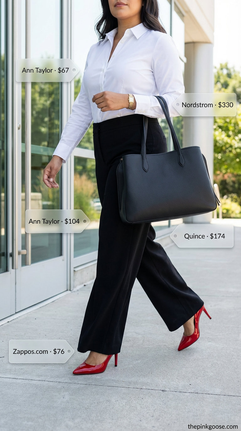Polished Power Lunch: Summer Outfits for Plus Size Women 2026 A polished power lunch outfit featuring high-waisted black wide-leg tailored trousers, a crisp white button-down shirt, red patent leather pumps, a structured leather tote, and a minimalist gold watch, a refined option for summer outfits for plus size women 2026. #24 in article.