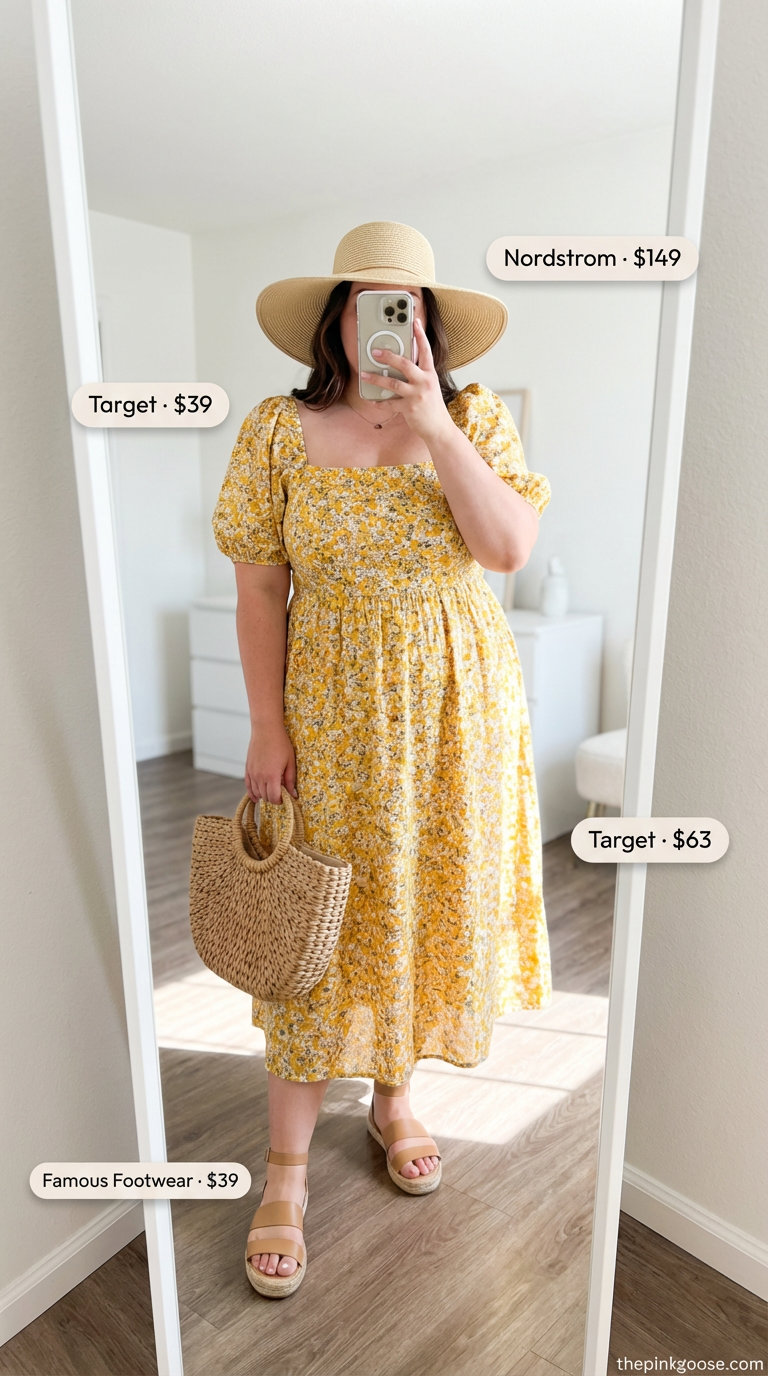 Vibrant Vacation Dress: Summer Outfits for Plus Size Women 2026 A plus size woman in a vibrant yellow smocked midi dress with puff sleeves, white espadrille sandals, straw tote, and wide-brim hat, perfect for stylish summer outfits for plus size women 2026 vacation. #6 in article.