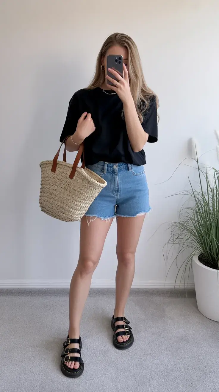 summer outfits with sandals 2026 Effortless Denim Shorts and Oversized Tee Energy