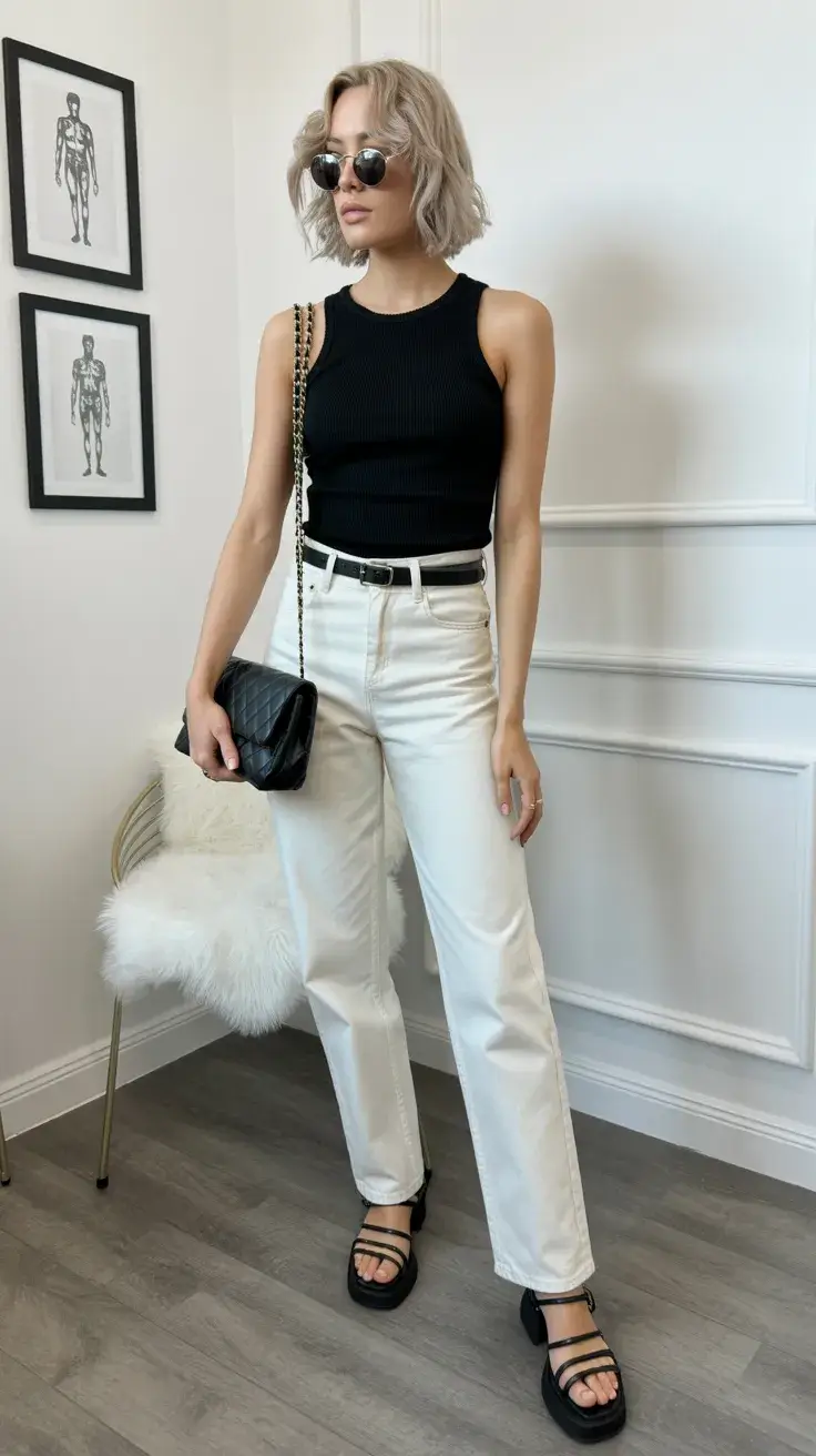 summer outfits with sandals 2026 Minimalist Black Top with Tailored White Jeans