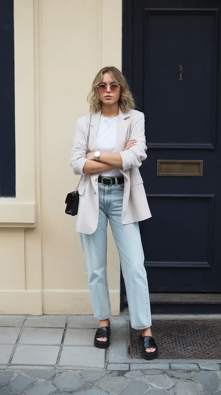 summer outfits with sandals 2026 Relaxed Blazer with Light Wash Denim