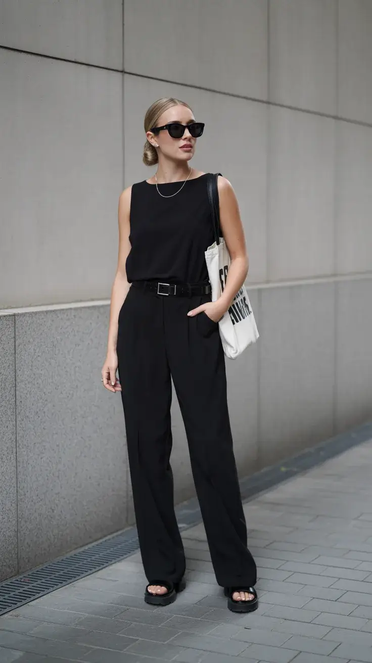 summer outfits with sandals 2026 Relaxed All Black with Wide Leg Trousers