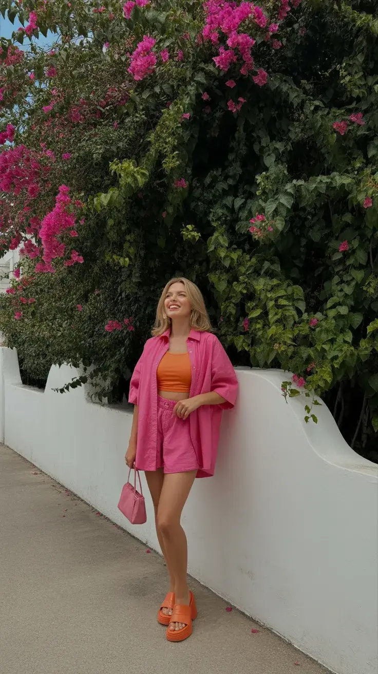 summer outfits with sandals 2026 Color Pop Confidence in Pink and Orange Layers