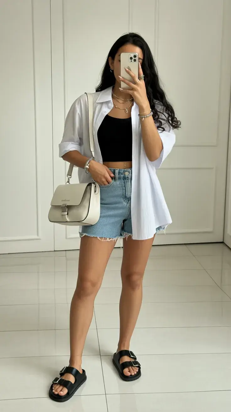 summer outfits with sandals 2026 Denim Mini and Oversized Shirt Everyday Formula