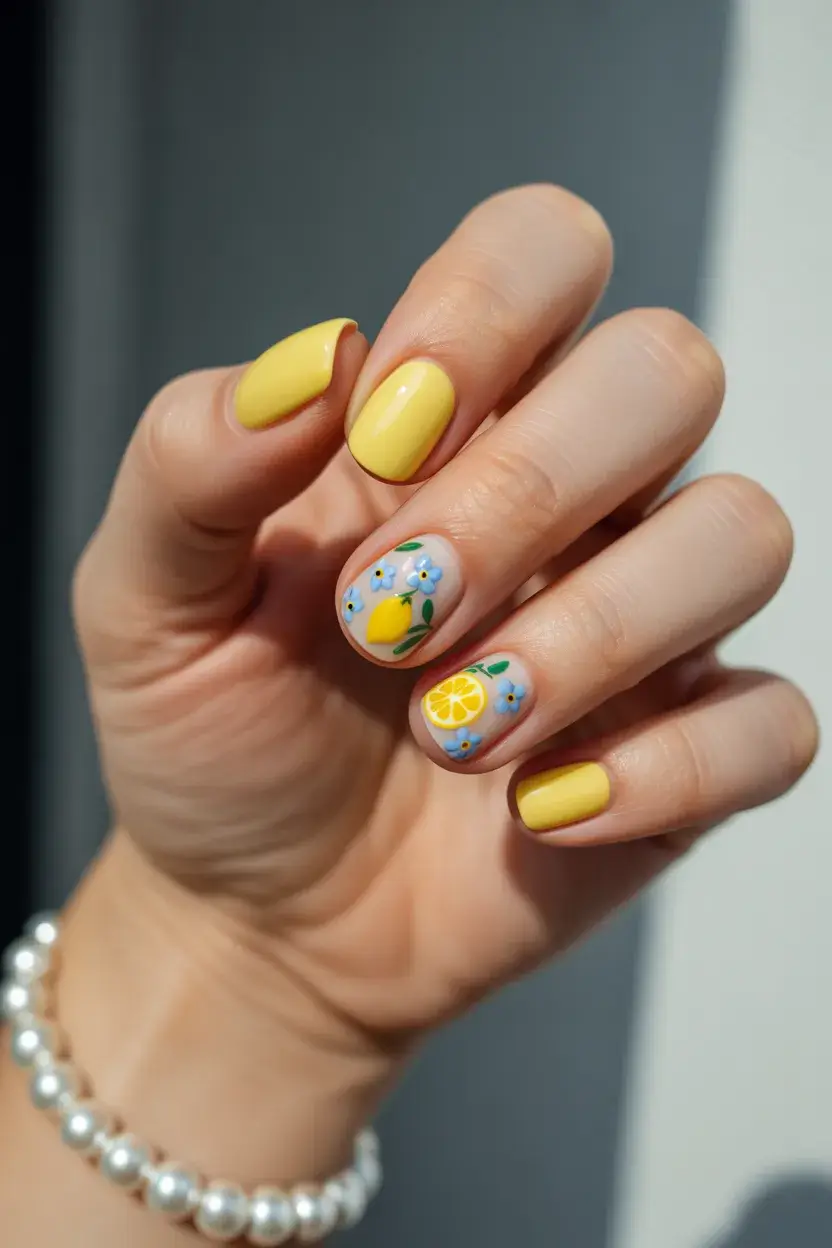 summer short nail inspo 2026 Sunny Lemon Blossoms on Soft Yellow
