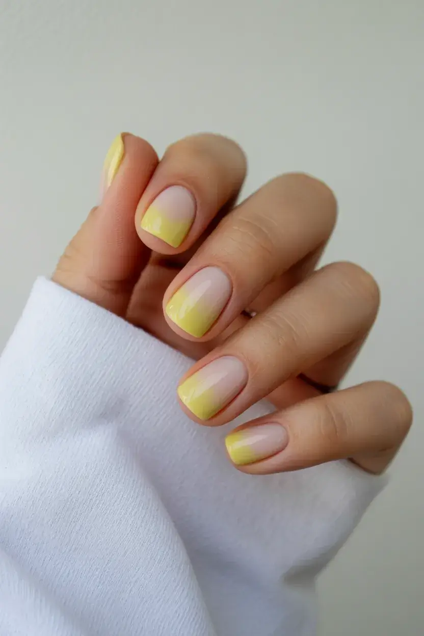 summer short nail inspo 2026 Soft yellow ombre on short natural nails