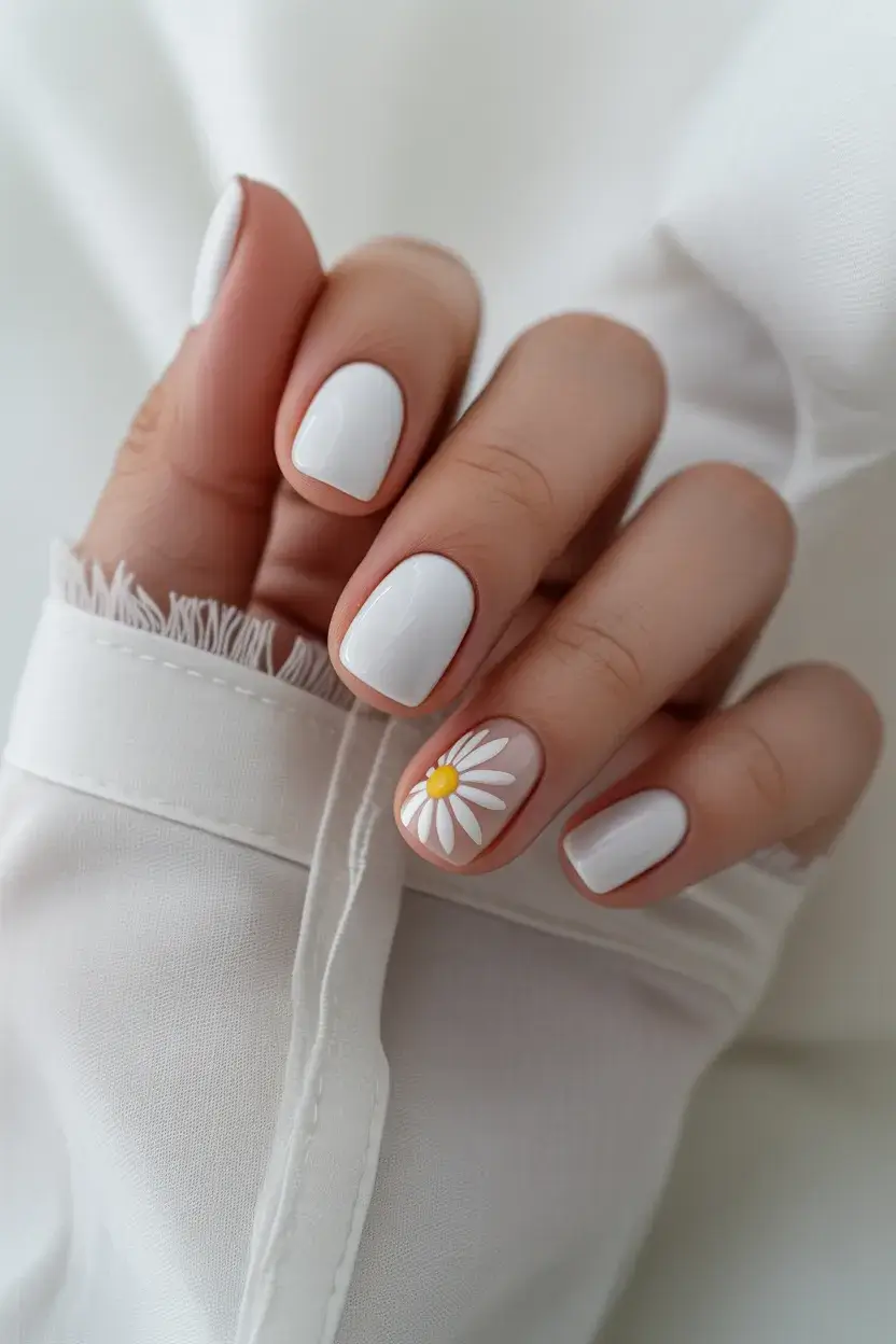 summer short nail inspo 2026 Classic white with a single daisy accent