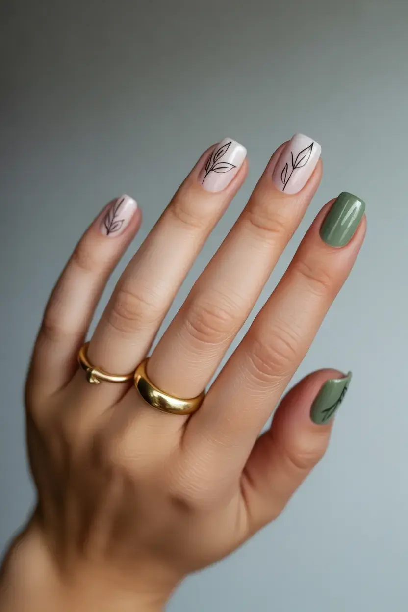 summer short nail inspo 2026 Olive green and line art leaf details
