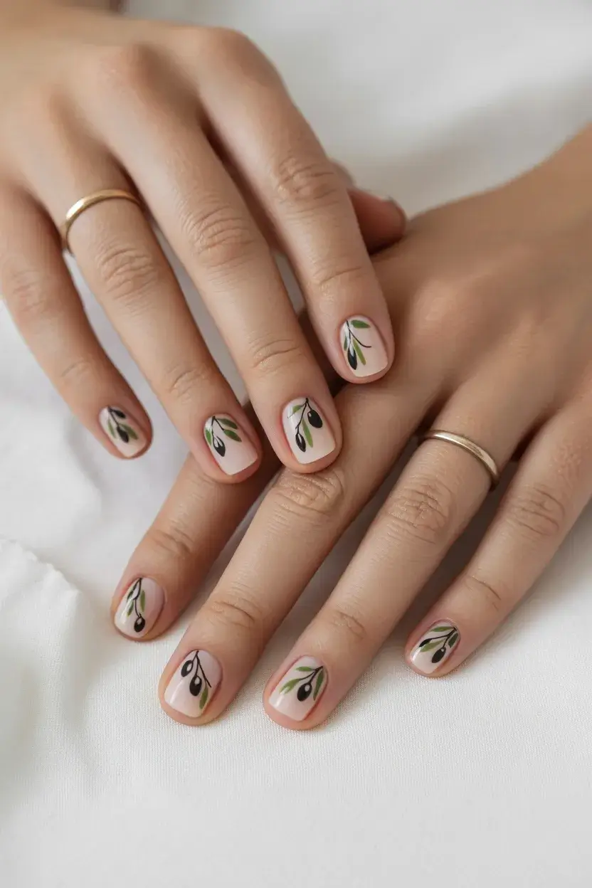 summer short nail inspo 2026 Delicate olive branch nail art on nude base