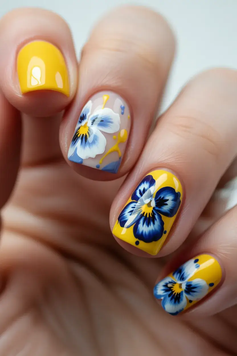summer short nail inspo 2026 Bold Yellow and Blue Florals That Feel Like Sunshine on Your Hands