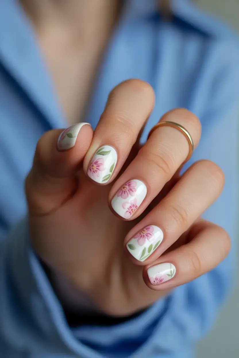 summer short nail inspo 2026 Soft Pink Garden Florals on Milky White
