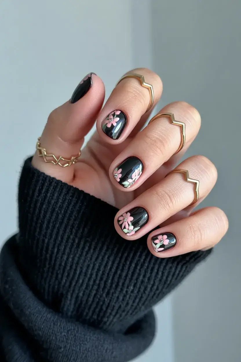 summer short nail inspo 2026 Glossy Black Floral Nails That Feel Unexpected for Summer