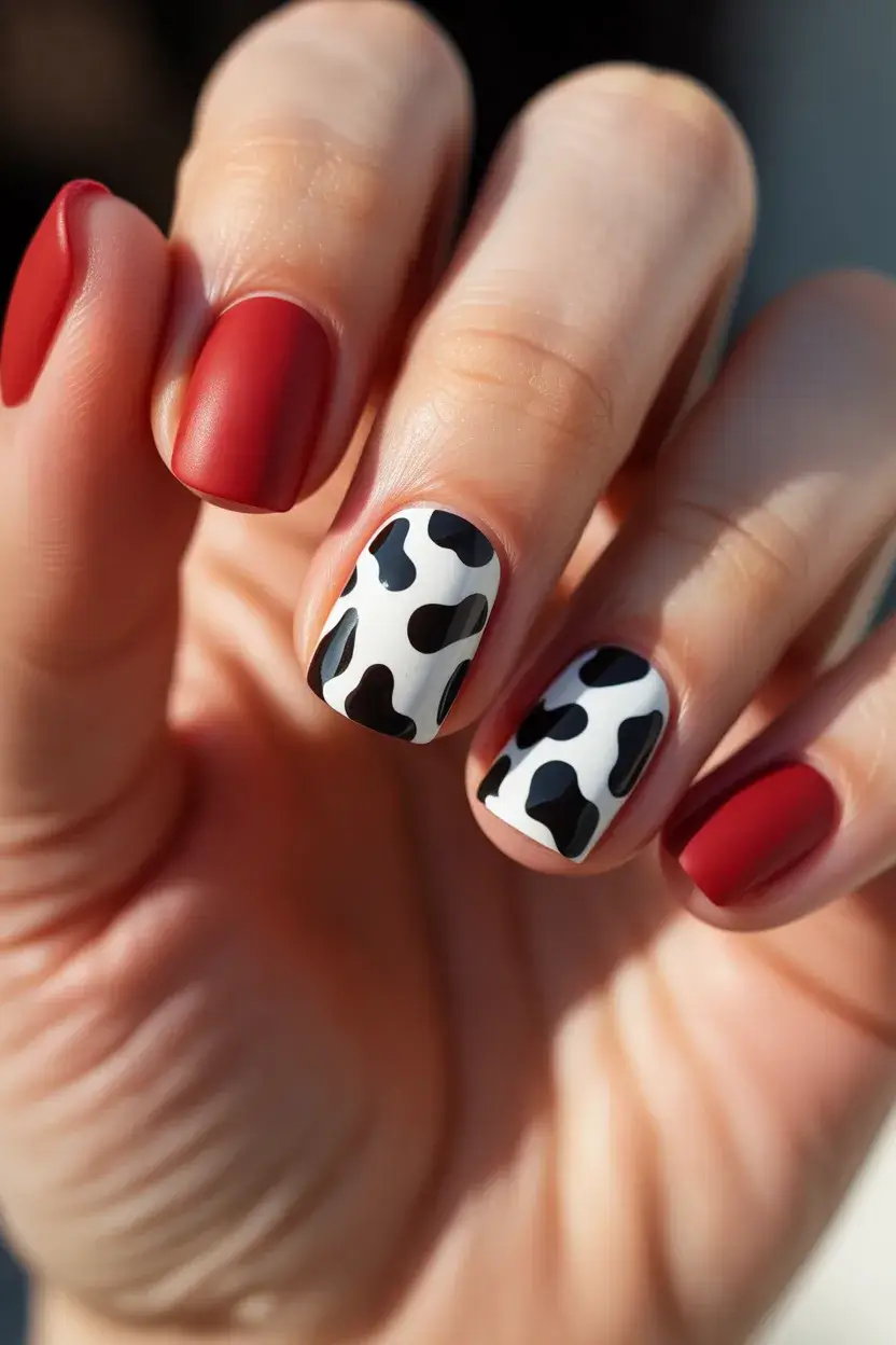 summer short nail inspo 2026 Matte Red and Playful Cow Print That Feels Unexpectedly Cool