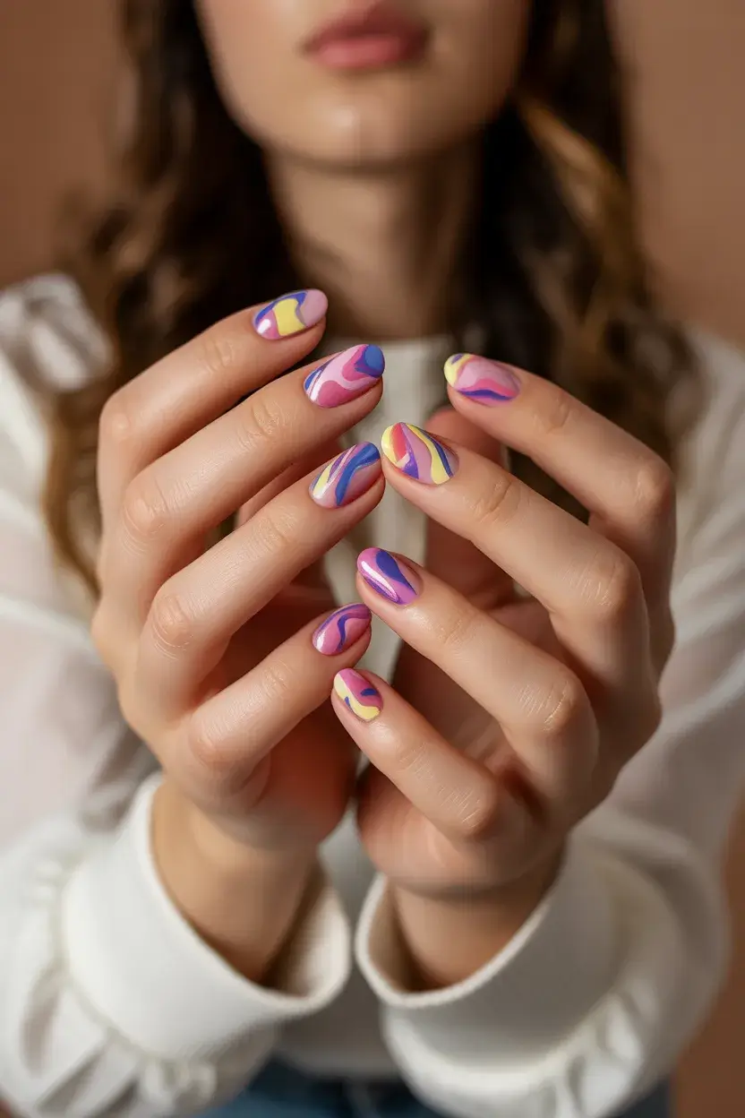 summer short nail inspo 2026 Playful Swirl Mix in Pink Blue and Yellow