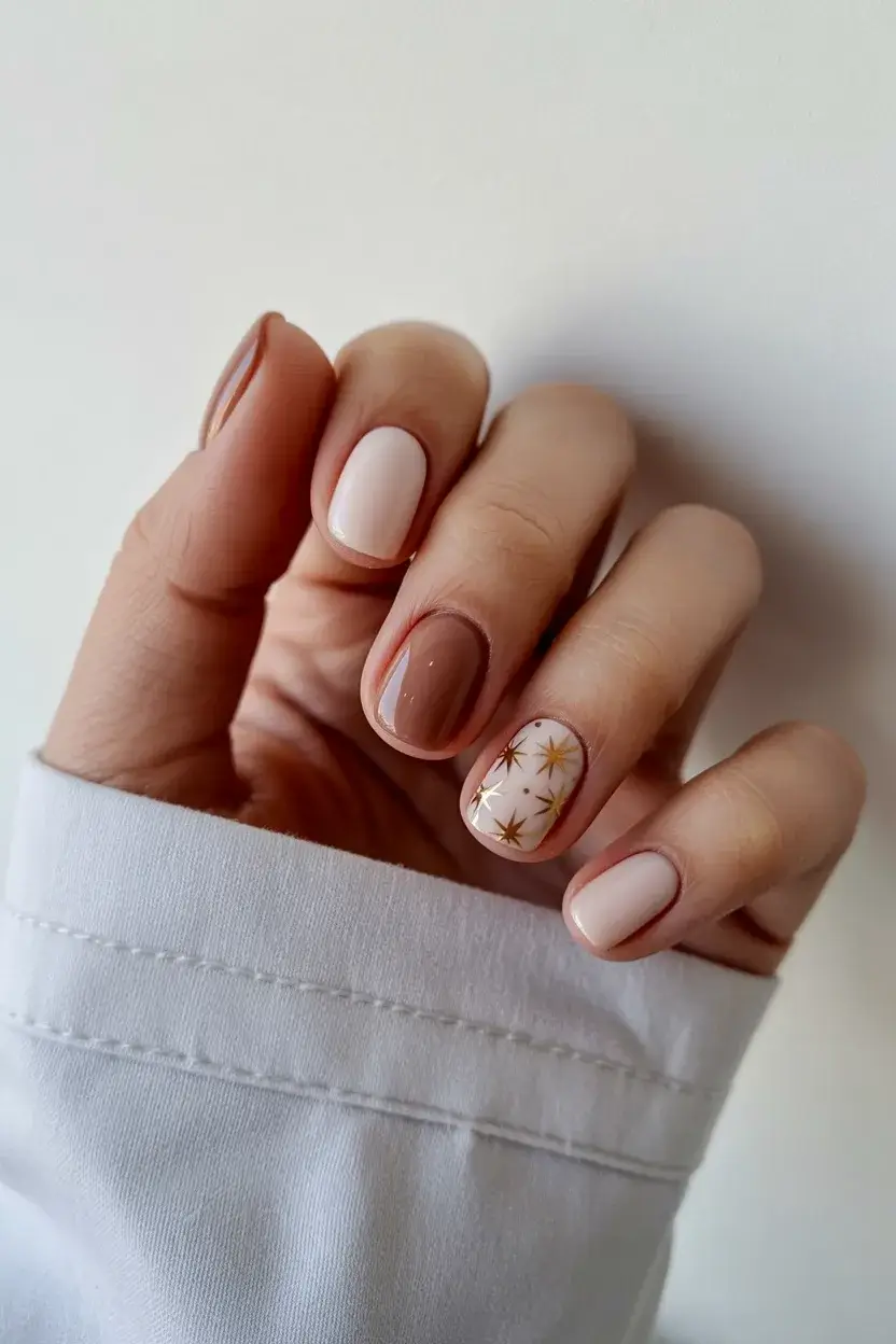 summer short nail inspo 2026 Neutral Gloss with Subtle Gold Star Accents