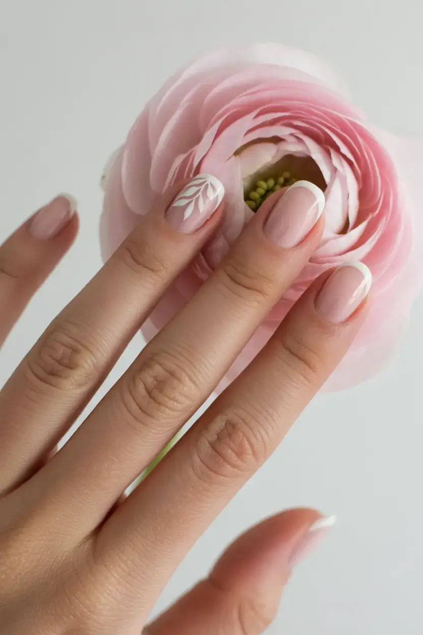 summer short nail inspo 2026 Minimal french with soft white leaf detail