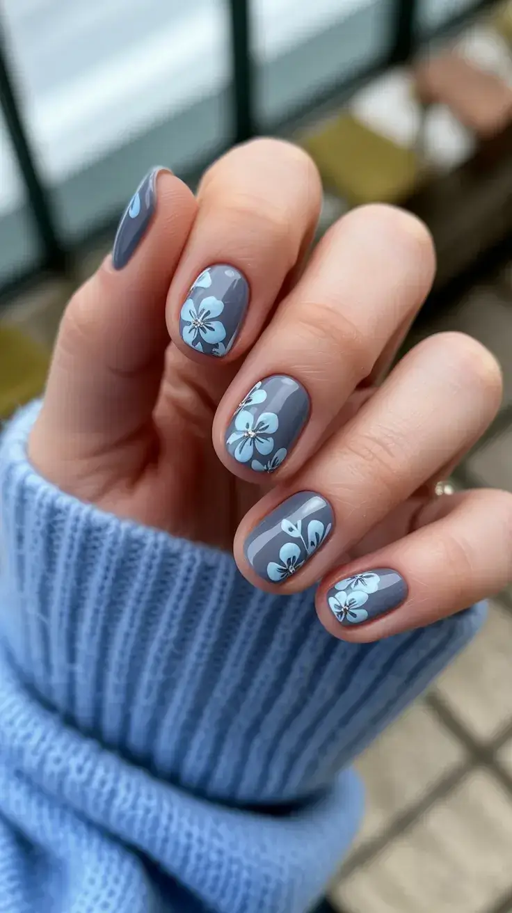 summer short nail inspo 2026 Muted blue florals on glossy short nails