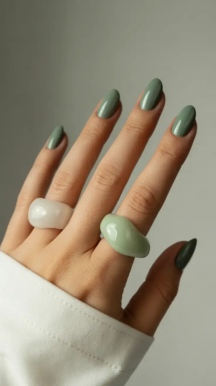 summer short nail inspo 2026 Glossy sage green minimal manicure
