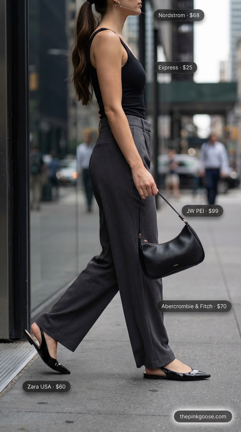 City Chic: Sophisticated Summer Tank Top Outfits 2026 Polished summer tank top outfit 2026 for a city stroll, featuring a black square-neck tank, charcoal wide-leg trousers, and black slingback flats.