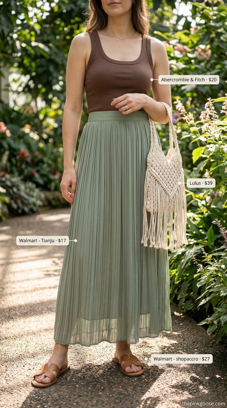 Earthy Tonal Harmony: Summer Tank Top Outfit 2026 Earthy chocolate brown ribbed tank top and sage green crinkle maxi skirt. A relaxed summer tank top outfit 2026 for a garden party or casual weekend, featuring flat leather sandals and a macrame tote.